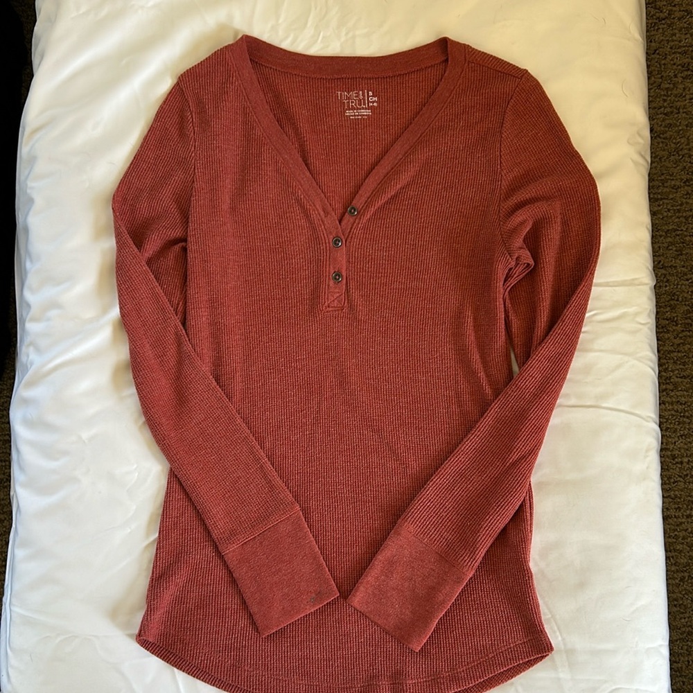 Long sleeve thermal top, size small. Long sleeve button down flannel